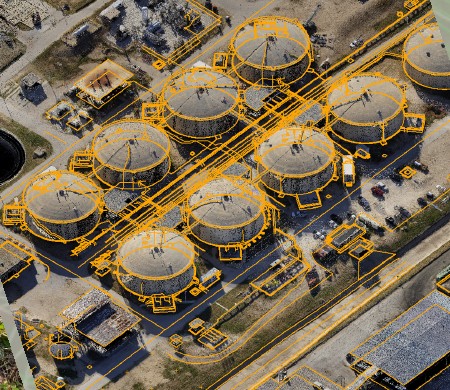 Aerial view of industrial storage tanks